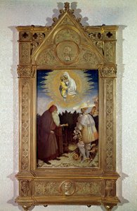 Jungfruns uppenbarelse för Saint Anthony Abbe (Saint Anthony den Store (250/251-356) (eller Saint Anthony Eremiten) och Saint George. Målning av Antonio di Puccio Pisano dit Pisanello (1395-1455)
