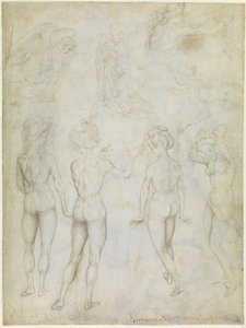 Fyra studier av en kvinnlig nakenbild, en bebådelse och två studier av en simmande kvinna, ca 1425 (metallspets, penna  blyerts i brunt på pergament) av Antonio Pisanello