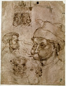 Fyra mäns huvuden, varav två har tre ansikten. En altartavla. En häst. Teckningar från verkstaden av Antonio di Puccio Pisano dit Pisanello (1395-1455). Brunt bläck, penna (ritning), blod. Mått: 27,1x20,5cm. Louvren, Cabinet des medailles. av Antonio Pisanello
