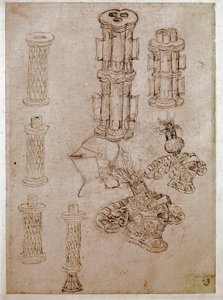 Tre hjälmar toppade med kistor och två stycken vapen demolerade. Teckning av Antonio di Puccio Pisano dit Pisanello (1395-1455) Brunt tusch, svart sten, fjäder. Mått: 28,7x20,6cm. Louvren, ritfirma av Antonio Pisanello