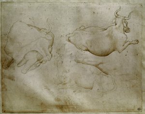 Två kor och en enbär. Teckning av Antonio di Puccio Pisano dit Pisanello (1395-1455). Scroll, metallspets. Höjd: 17,6 cm. Louvren, Cabinet des medailles av Antonio Pisanello