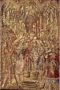 Johannes Döparen tillkännager Kristi mission för fariséerna, gobeläng som skildrar scener från helgonets liv (textil) av Antonio Pollaiuolo
