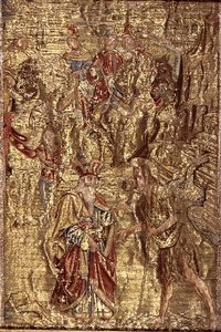 Mötet mellan Johannes Döparen och översteprästen, gobeläng med scener ur helgonets liv (textil) av Antonio Pollaiuolo