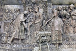 Columbus och de katolska kungarna, detalj av presentationen av Columbus för de katolska kungarna på Salon del Tinell i Barcelona (brons) av Antonio Susillo Fernandez
