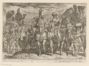 Abraham tar med Lot och hans familj till sitt eget land Abraham Loth, et familia reducit (titel på objekt) Gamla testamentets stridsscener (serietitel) av Antonio Tempesta