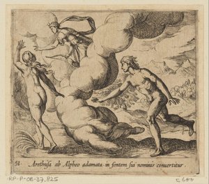 Arethusa wordt efterföljd av Alpheus Arethusa, förälskad i Alpheus, förvandlas till källan till hennes namn (titel på objektet) Metamorfoseon eller transformationer (serietitel) Metamorfosen van Ovidius (serietitel) av Antonio Tempesta