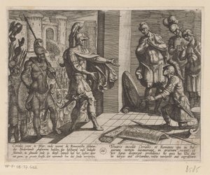 Cerialis förlåter romerska soldater som hade hjälpt Julius Civilis De bataviska krigen mot romarna (serietitel) Batavorum cum Romanis Bellum (serietitel) av Antonio Tempesta