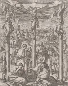 Kristus korsfästes mellan de två tjuvarna, de tre Mariana vid korsets fot, 1612. av Antonio Tempesta