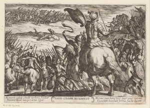 David dödar Goliat David Goliam interficit (titel på objekt) Gamla testamentets stridsscener (serietitel) av Antonio Tempesta