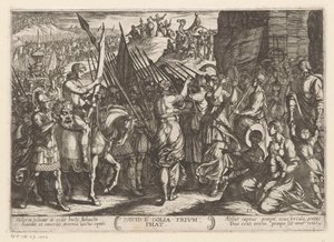 David återvänder triumferande med Goliats huvud David e Golia triumfat (titel på objekt) Gamla testamentets stridsscener (serietitel) av Antonio Tempesta