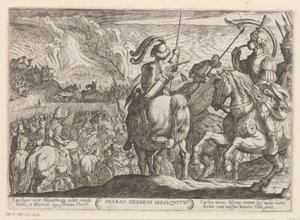 Egyptierna jagar israeliterna genom Röda havet Farao Hebreos persequitur (titel på objekt) Gamla testamentets stridsscener (serietitel) av Antonio Tempesta