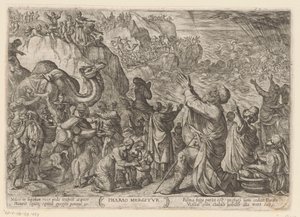 Egyptierna drunknar i Röda havet Farao Mergitur (titel på objekt) Gamla testamentets stridsscener (serietitel) av Antonio Tempesta