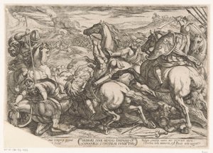 Israeliterna besegrades av kanaanéerna eftersom de var olydiga mot Mose Hebrael sine Moysis iperio cv cananaels congressi fundutur (titel på objekt) Gamla testamentets stridsscener (serietitel) av Antonio Tempesta