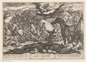 Dödsängeln erövrar Sanheribs armé Clades Senachrib (titel på objekt) Gamla testamentets stridsscener (serietitel) av Antonio Tempesta