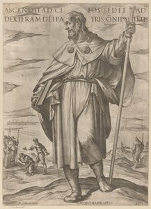 De heilige Jakobus de Meerdere Han som steg upp till himlen sitter på Guds Fader, den allsmäktiges högra sida (titel på objektet) Kristus, Maria och aposteln (serietitel) av Antonio Tempesta
