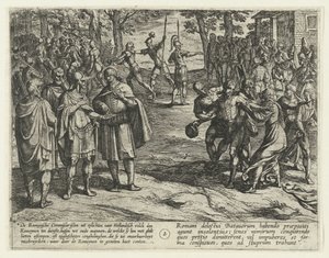 De gamla bataviska männen köper av sig sin tjänst till romarna, 69-70 The Batavian Revolt (serietitel) Batavorum cum Romanis Bellum, à majs. Tacito / The Batavian Oft Oude Hollandtsche Krijghe teghen de Romeynen (serietitel på objekt) av Antonio Tempesta