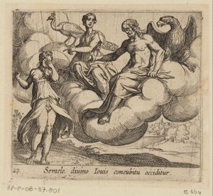 De wens van Semele Semele dödas genom samlag med den gudomlige Jupiter (titel på föremål) Metamorfoseon eller transformationer (serietitel) Metamorfosen van Ovidius (serietitel) av Antonio Tempesta