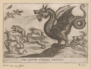 En drake skrämmer bort andra djur Ubi adsum vitiosa absunt (titel på objekt) Kampdjur (serietitel) av Antonio Tempesta
