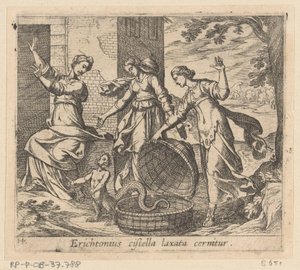 Erichthonius uit zijn mand gelaten Erichthonius ses med en lös korg (titel på föremål) Metamorfoseon eller transformationer (serietitel) Metamorfosen van Ovidius (serietitel) av Antonio Tempesta