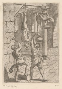 Tortyr med hammare medan du hänger Tortyr som lidit av kristna martyrer (serietitel) Varia tormentorum et supplicioru crudelium (...) (serietitel) av Antonio Tempesta