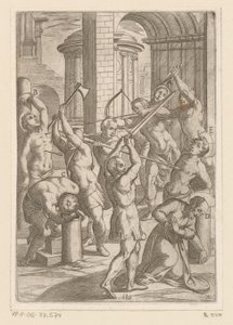 Tortyr med svärd, spjut och pil och båge Tortyr som lidit av kristna martyrer (serietitel) Varia tormentorum et supplicioru crudelium (...) (serietitel) av Antonio Tempesta