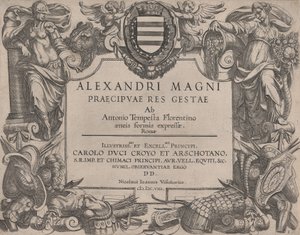 Frontispice till Alexander den stores liv, till vänster är Bellona och till höger en hona ..., 1608. av Antonio Tempesta
