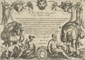 Frontispice med jägare, hundar och hästar, från "Hunting Scenes VI", 1609. av Antonio Tempesta