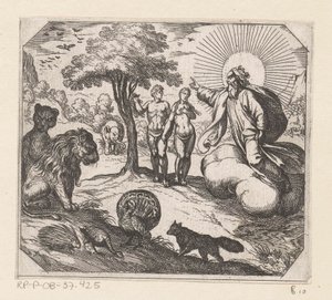 Gud förbjuder Adam och Eva att äta från kunskapens träd The Creation (serietitel) av Antonio Tempesta