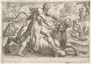 Hercules och Achelous: i mitten tar Hercules tag i hornen på en tjur medan han trycker på hans ri..., 1608. av Antonio Tempesta
