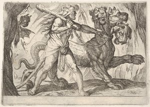 Hercules och Cerberus: Hercules tar tag i Cerberus krage, två demoner dyker upp till vänster..., 1608.