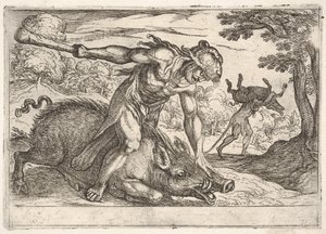 Hercules and the Boar of Erymanthus: Hercules håller ner galtens nos med sin vänstra ha..., 1608. av Antonio Tempesta