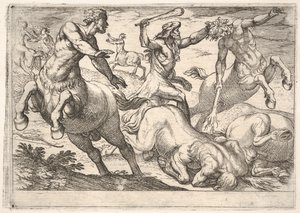 Hercules and the Centaurs: Hercules håller i huvudet på en kentaur med sin vänstra hand och rai..., 1608.
