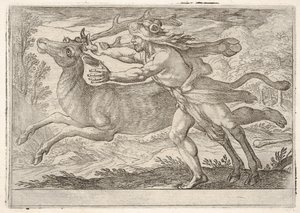 Hercules and the hind of Mount Cerynea: Hercules går bredvid baken och tar tag i..., 1608. av Antonio Tempesta