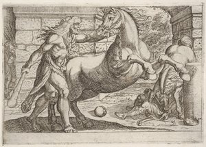 Hercules and the Mares of Diomedes: Hercules tar tag i tränset på en uppfödande häst, en sekund..., 1608.