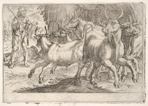 Hercules and the Oxen of Geryones: med en klubba upplyft av sin högra hand, konfronterar Hercules..., 1608. av Antonio Tempesta
