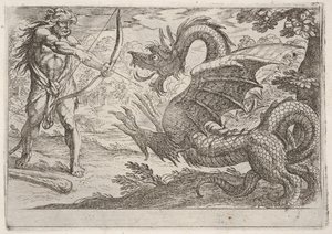 Hercules and the Serpent Ladon: Hercules drar sin båge, den uppfödande ormen dyker upp i pro..., 1608.