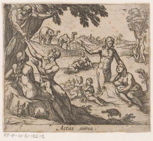 Den gyllene åldern Aetas aurea (titel på objekt) Metamorphoseon sive transformationum (serietitel) Metamorphoses of Ovid (serietitel) av Antonio Tempesta