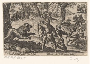 Jacht op leeuwen Diverse jacht- en strijdscènes (serietitel) Jakten på vilda bestar, fåglar och fiskar. Strider mellan bestialiska bestar: och ömsesidiga bestar (serietitel) av Antonio Tempesta