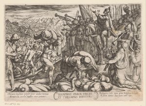 Josafat tackar Gud för hans seger Iosaphat prece vincit et thesauris potitur (titel på objekt) Gamla testamentets stridsscener (serietitel) av Antonio Tempesta
