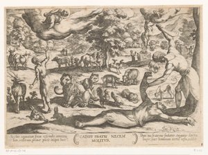 Kain dödar Abel Cainus fratri necem molitur (titel på objekt) Gamla testamentets stridsscener (serietitel) av Antonio Tempesta