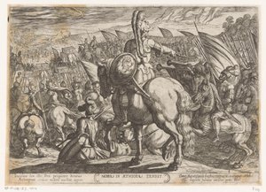 Moses beordrar israeliterna att attackera etiopierna Moyses i Aethiopas tendit (titel på objekt) Gamla testamentets stridsscener (serietitel) av Antonio Tempesta