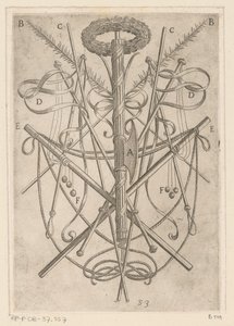 Prydnad med tortyrverktyg Tortyr som lidit av kristna martyrer (serietitel) Varia tormentorum et supplicioru crudelium (...) (serietitel) av Antonio Tempesta