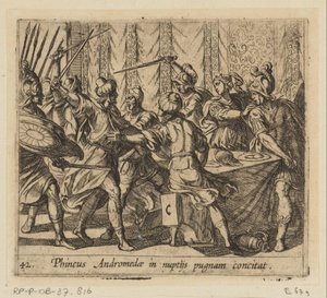 Phineus verstoort de bröllop av Perseus en Andromeda Phineus provocerar Andromeda att slåss på hennes bröllop (titel på objekt) Metamorfoseon eller transformationer (serietitel) Metamorfosen van Ovidius (serietitel) av Antonio Tempesta