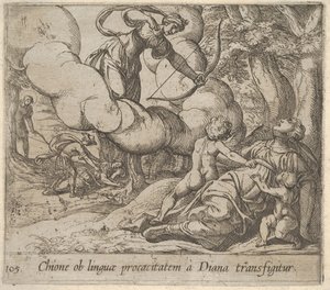 Plåt 105: Diana riktar sin pilbåge mot Chione, som åtföljs av två barn, år 1606. av Antonio Tempesta