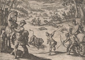 Plåt 11: Alexanders lejonjakt, från Alexander den stores gärningar, 1608., av Antonio Tempesta