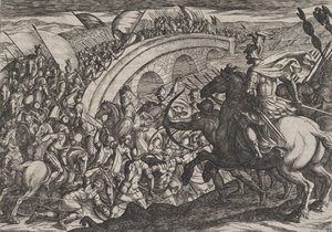 Platta 11: Civilis trupper som korsar Maasfloden, från The War of the Romans Against the ..., 1611. av Antonio Tempesta