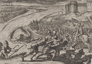 Plåt 12: Att dra ett kärl laddat med spannmål till stranden, från The War of the Romans Against ..., 1611. av Antonio Tempesta