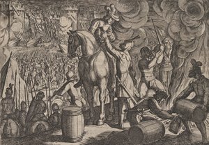 Platt 13: Attack på den romerska fästningen på natten, från The War of the Romans Against the Ba..., 1611. av Antonio Tempesta