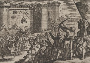 Plåt 14: Ny attack mot den gamla fästningen, från The War of the Romans Against the Batavians..., 1611. av Antonio Tempesta