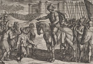 Plåt 19: Män från fästningen överlämnar sig och lovar sina liv till Civilis, från kriget ..., 1611. av Antonio Tempesta